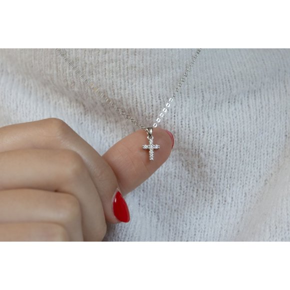 Diamond CZ Cross Necklace, Tiny Cross Necklace, Mini Cross Necklace - Picture 7 of 7